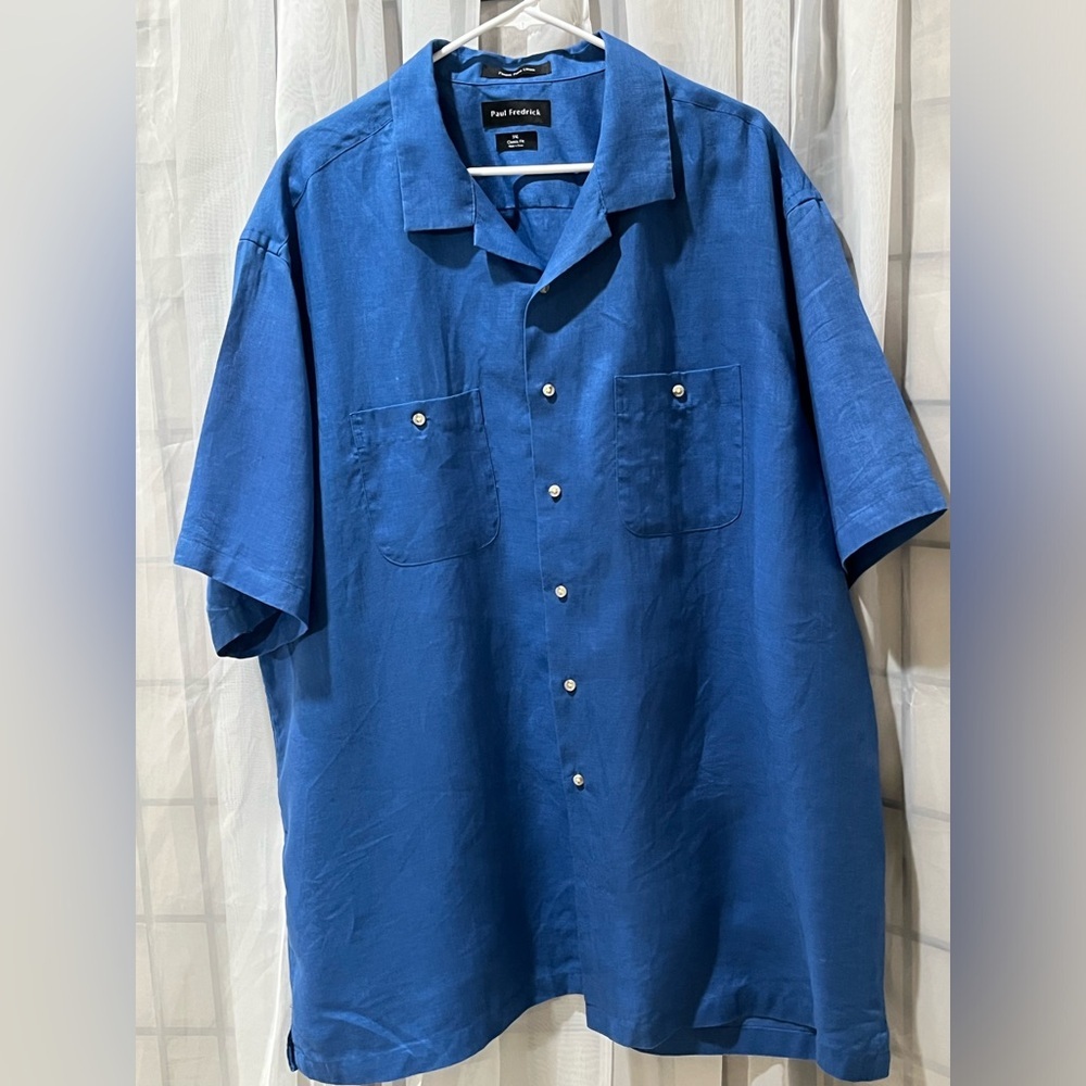 PAUL FREDRICK CLASSIC FIT MENS Blue Short Sleeve Linen SHIRT SIZE 3XL